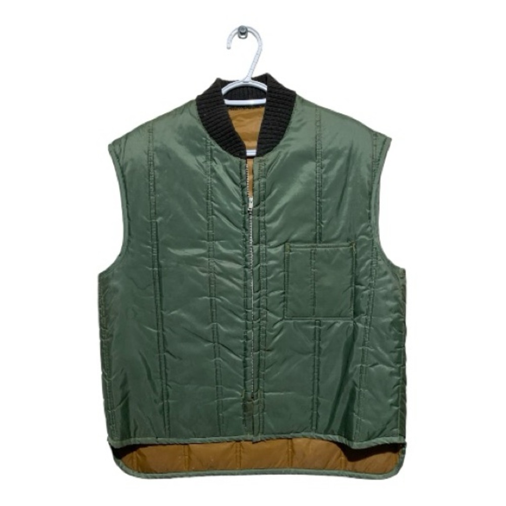 Men's Vintage Olive Green Quilted Vest Lightweight Sleeveless Jacket Size Large
